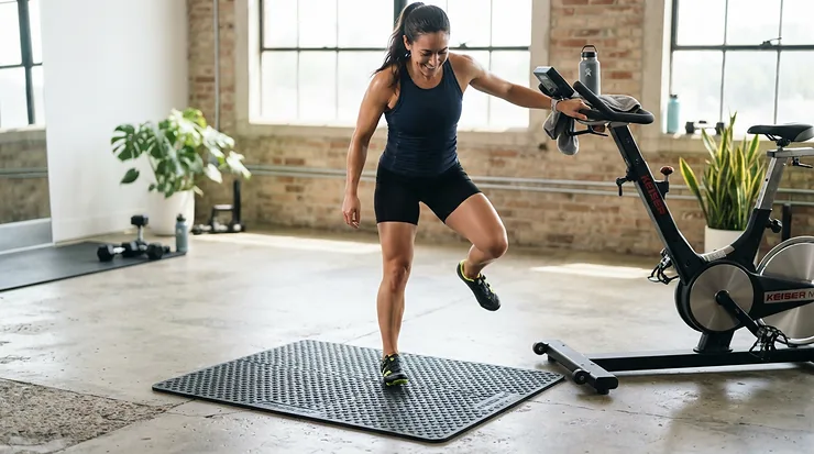 A textured carpet protector for exercise bike on carpet preventing the machine from sliding around.