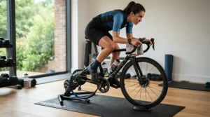 A stable indoor cycle using a carpet protector for exercise bike on carpet during an intense workout.