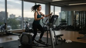 An adult using a commercial grade elliptical during a morning workout in a residential building gym.