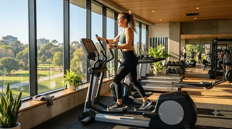Resident using a commercial elliptical for apartment complex gym during a morning routine