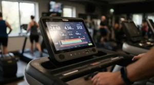 Close-up of the digital console on a commercial elliptical for university recreation center showing workout metrics
