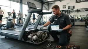 Fitness facility staff inspecting a commercial elliptical for university recreation center routine maintenance check