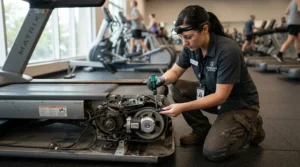 A technician performing routine maintenance on a commercial elliptical for university recreation center.