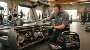 Technician performing scheduled service on a commercial elliptical for university recreation center equipment