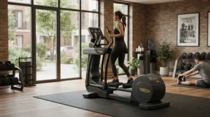 Compact commercial elliptical for apartment complex gym maximizing floor space