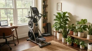 A compact elliptical trainer set up in a small corporate wellness room.