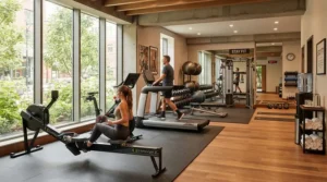 Space-saving elliptical trainer arrangement in a boutique hotel fitness center floor plan