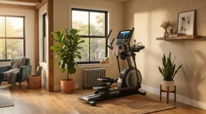 A compact gym quality elliptical for home use neatly positioned in a corner of a downtown apartment workout space.