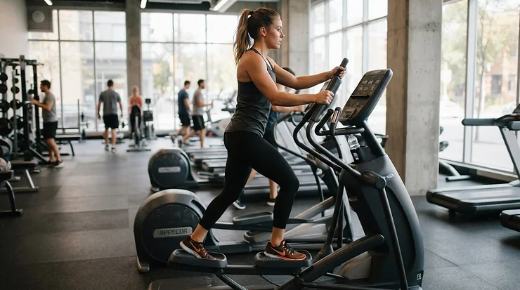 Using the moving handlebars on a gym quality elliptical for home use for an effective full body workout routine.