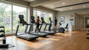 Spacious cardio zone featuring a commercial elliptical for apartment complex gym setup