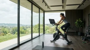 Commercial grade elliptical trainer positioned in a modern hotel fitness center with large windows