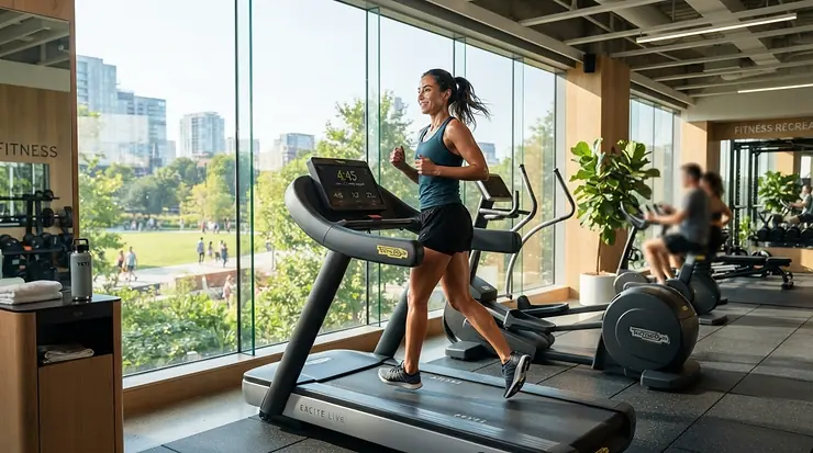 A hotel guest using an elliptical trainer in a modern commercial facility, elliptical for hotel fitness center