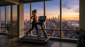 Scenic city view from a hotel fitness center equipped with advanced elliptical trainers