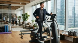 An office worker exercising on an elliptical during a break in the corporate wellness room.