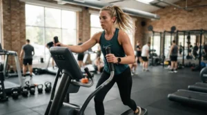 Fitness enthusiast using the ergonomic handles of a commercial elliptical for apartment complex gym