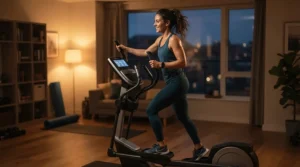 An evening workout session on a sleek black gym quality elliptical for home use with ambient room lighting.