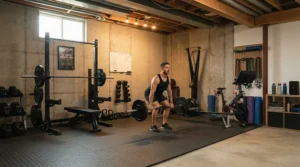 An extra large equipment mat for multiple gym machines installed in a finished basement home gym.