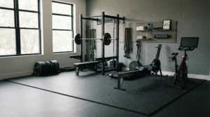 A corner room layout utilizing an extra large equipment mat for multiple gym machines.