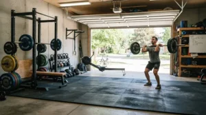 A garage workout space featuring an extra large equipment mat for multiple gym machines.