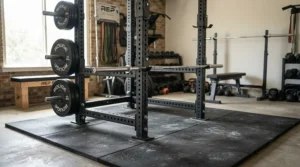 Heavy weights and storage racks placed safely on an extra large equipment mat for multiple gym machines.