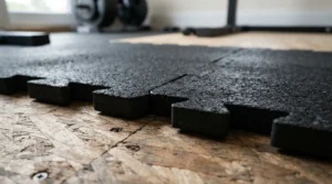 Interlocking tiles forming an extra large equipment mat for multiple gym machines on a concrete floor.