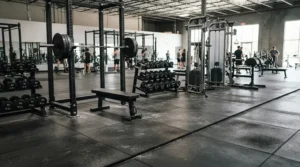 Multi-machine flooring protection provided by an extra large equipment mat for multiple gym machines.