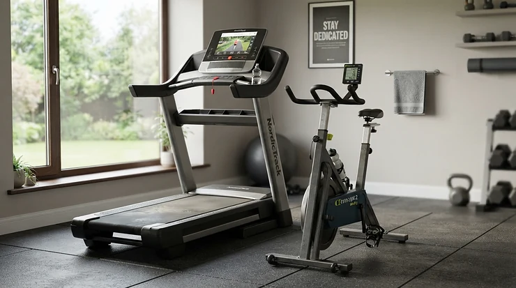 An extra large equipment mat for multiple gym machines holding a treadmill and stationary bike securely.