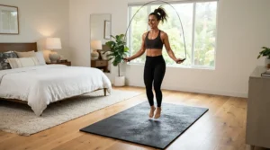Woman jumping rope using an apartment friendly workout mat to prevent noise reaching downstairs neighbors.