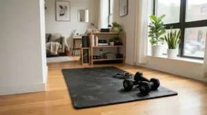 Compact fitness setup utilizing a floor mat for quiet home workouts in apartment studio space.