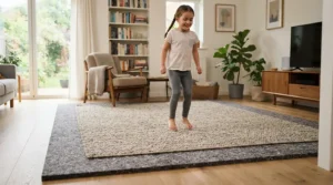 Peaceful apartment interior showing a floor mat for quiet home workouts in apartment to stop downstairs neighbor noise.