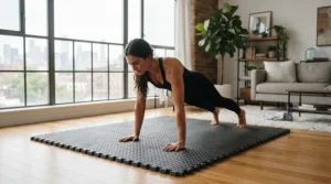 A person doing bodyweight exercises on a floor mat for quiet home workouts in apartment living room, featuring impact absorption.