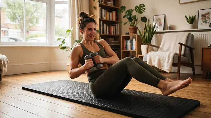 Person practicing core pilates movements on a floor mat for quiet home workouts in apartment.