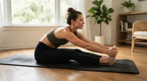 Woman doing morning stretches on a floor mat for quiet home workouts in apartment hardwood floor.