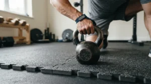 Person lifting dumbbells over an impact absorption mat during a quiet home workout in an apartment.