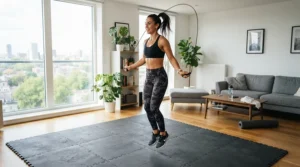 Apartment setup featuring a shock-absorbing foam floor mat for home gym on a budget