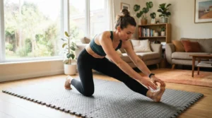 Beginner stretching on a thick foam floor mat for home gym on a budget