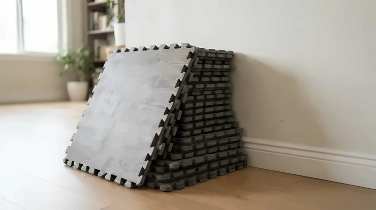 Stacked puzzle pieces of a foam floor mat for home gym on a budget ready for assembly