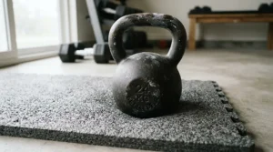 Kettlebell placed on a durable foam floor mat for home gym on a budget