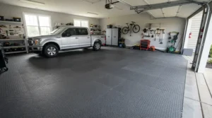 Complete foam floor mat for home gym on a budget covering a concrete garage floor