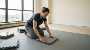 Person laying down interlocking foam floor mat for home gym on a budget in a spare bedroom