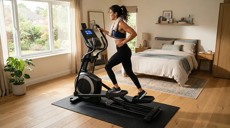 Active workout scene on a hardwood floor protection mat for elliptical machine absorbing vibration and impact