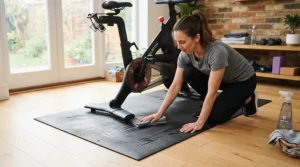 Wiping down a hardwood floor protection mat for elliptical machine after a morning exercise session
