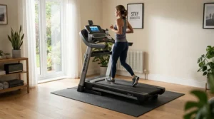 Dedicated home workout space featuring a hardwood floor protection mat for elliptical machine setup