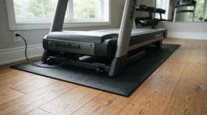 Heavy trainer resting on a hardwood floor protection mat for elliptical machine to prevent dents and scuffs