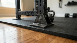 Close-up of a hardwood floor protection mat for elliptical machine showing scratch-proof material on polished oak floors