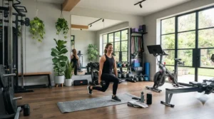 Well-designed fitness room layout utilizing a commercial elliptical for apartment complex gym