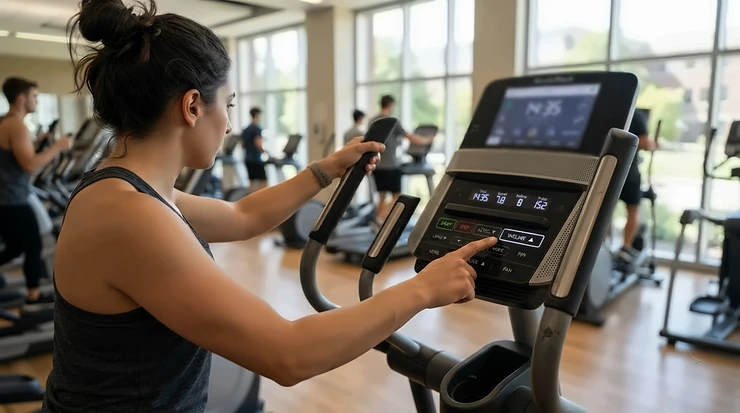 Adjusting resistance settings on a heavy use elliptical for college dorm gym for custom intensity. commercial grade elliptical