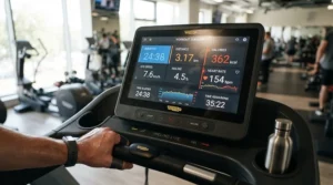 Digital console on a heavy use elliptical for college dorm gym tracking workout metrics easily.