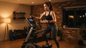 Student using a heavy use elliptical for college dorm gym late in the evening after classes.