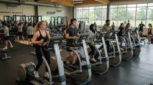 Multiple students sharing a heavy use elliptical for college dorm gym area during peak hours.